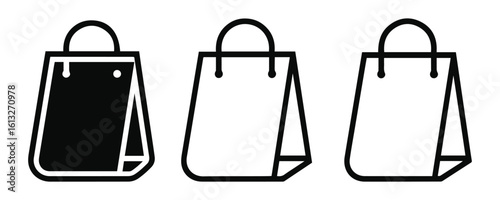 Minimal silhouette collection of shopping bags in different angles and designs. Ideal for retail, commerce, fashion, or online shopping-themed content. Clean and simple black vector icons.