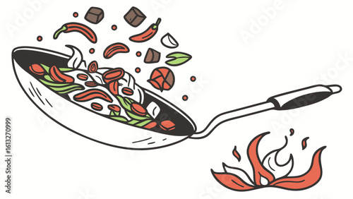 Stir fry ingredients flying out of a wok over flames