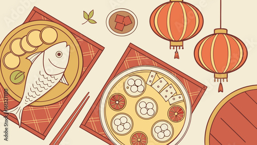 Festive asian feast with lanterns and delicious food