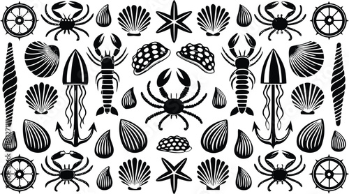 Black and white nautical marine life and objects pattern with crabs seashells starfish jellyfish anchors and ship wheels