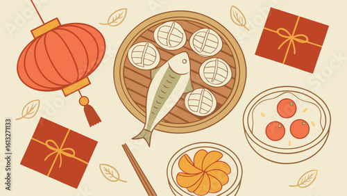 Chinese new year food and decorations illustration