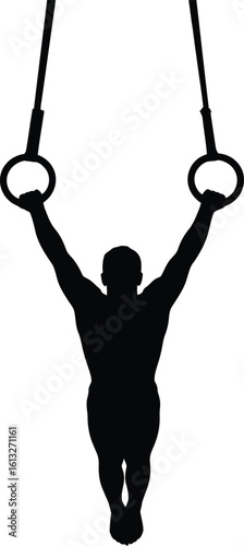 Gymnast performing a strength move on gymnastic rings in a striking silhouette