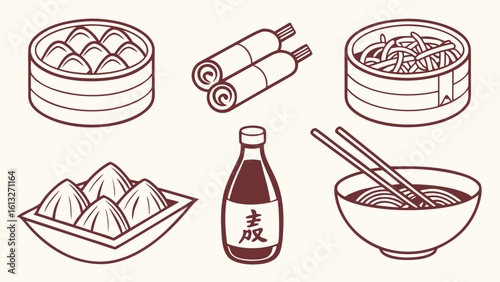 Asian food icons dumplings noodles soy sauce and more