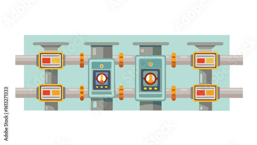 Illustration of industrial pipeline system with gauges and valves on a pale green background