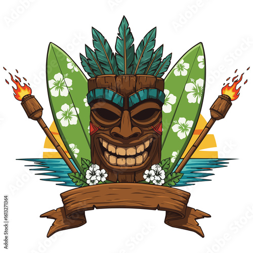 tiki mask, surfboards, torches, tropical theme, vector illustration, Hawaiian style, island culture, tribal mask, beach vibes, Polynesian art, summer design, exotic mask, wooden mask, fire torches, su
