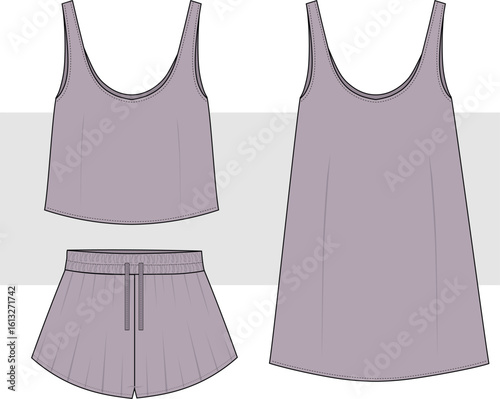 Women's cropped cami, shorts and dress set fashion technical drawing, illustration. Nightwear, pajama, loungewear vector, front and back view. Cad, mockup.