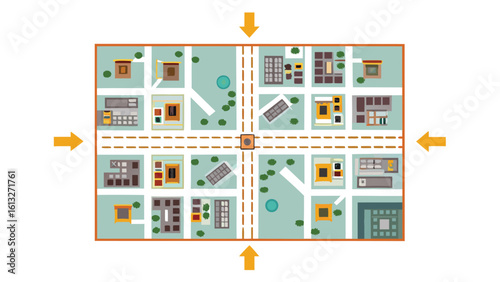 Aerial view of a flat design city map with buildings roads trees and a central intersection with arrows