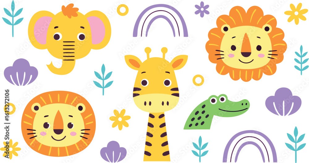 Naklejka premium Cute cartoon safari animals and elements including elephant giraffe lions and crocodile with rainbows and flowers