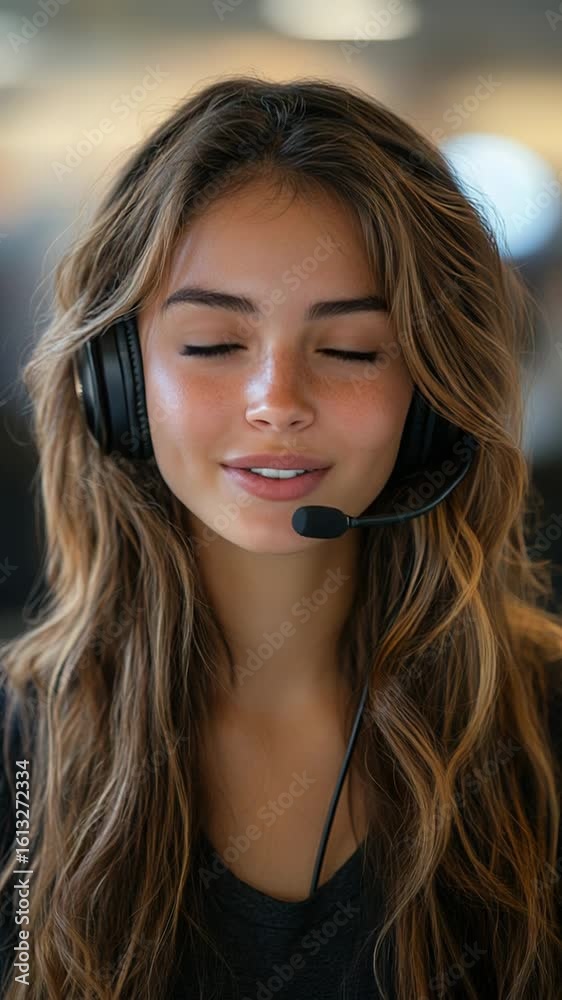Young Hispanic woman with long brown hair wearing a headset and microphone. She appears engaged in a conversation, showcasing a professional environment. Young Hispanic woman with long brown hair wearing a headset and microphone. She appears engaged in a conversation, showcasing a professional environment.
