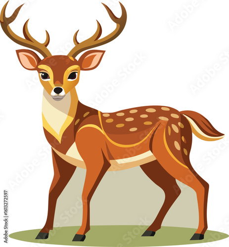 Stylized illustration of a brown deer with large antlers standing on a pale green oval shape against a white background
