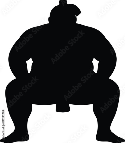 Powerful sumo wrestler in traditional pose silhouette against a white background