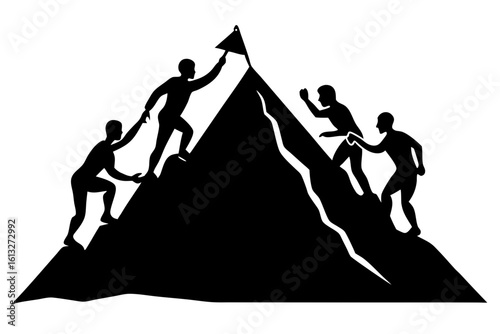 Successful Teamwork Climbers Reaching Mountain Peak