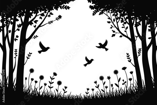 Three birds flying through a forest clearing with trees and wildflowers silhouette
