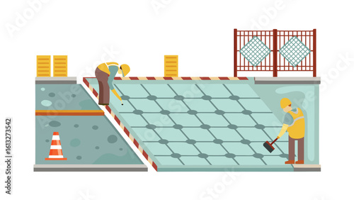 Construction workers installing a grid structure with fence and safety cone on a construction site