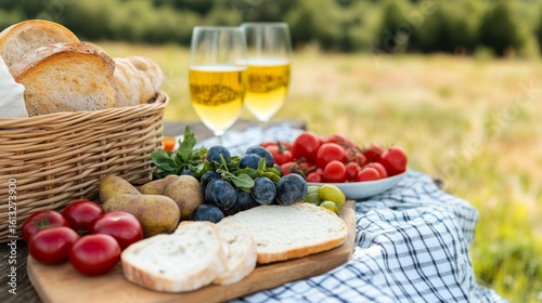 Outdoor Picnic with Bread, Wine, Fruit and Veggies, picnic , food