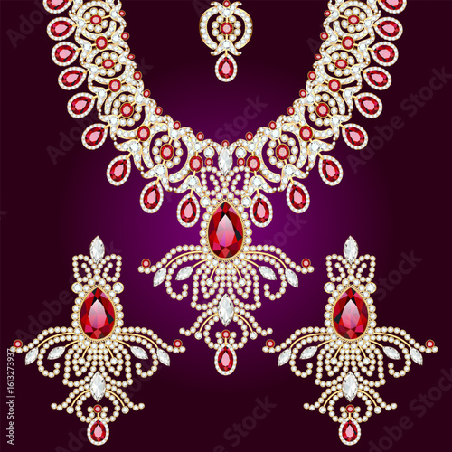 Traditional Indian jewelry set with ruby and pearl accents  