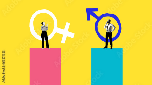 Obraz na plátne Collage of man and woman standing on gender-colored platforms with large male and female symbols