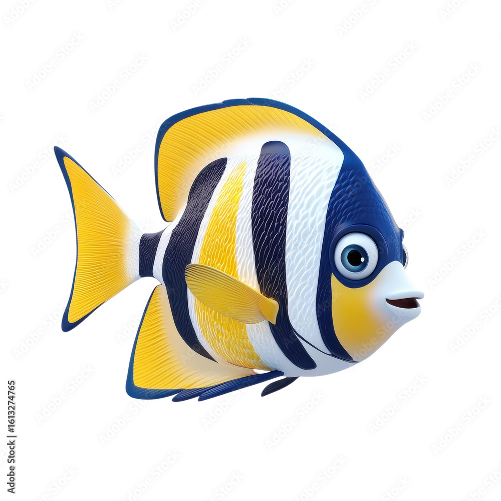 Naklejka premium Colorful animated fish swims gracefully in a playful underwater environment showcasing bright colors and lively features on transparent background