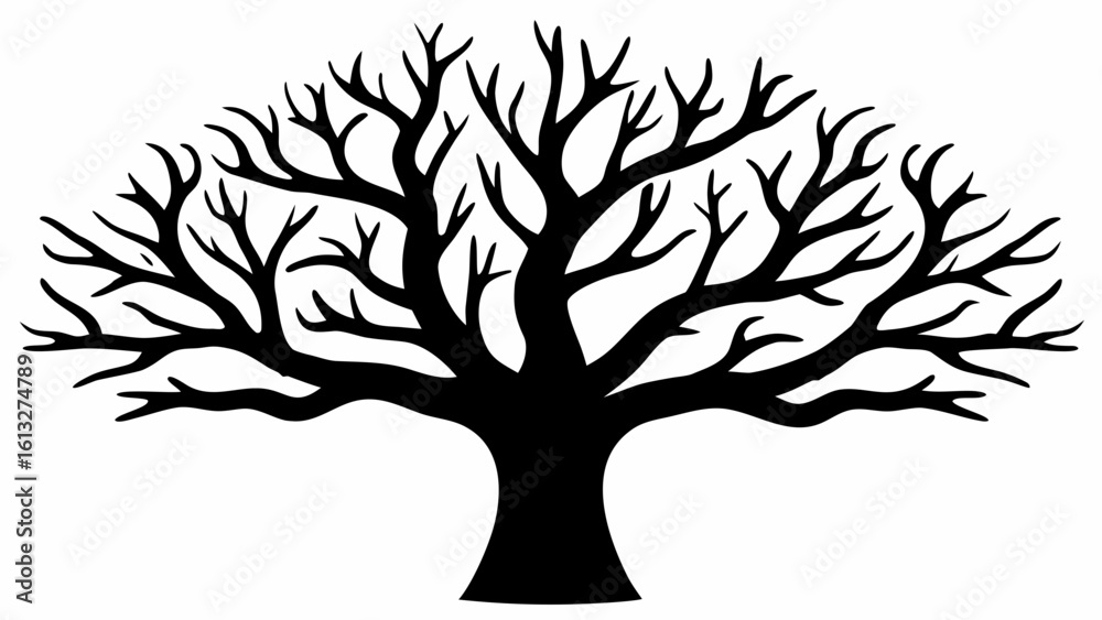 Illustration of a bare tree with many branches and a thick trunk in black silhouette against white background
