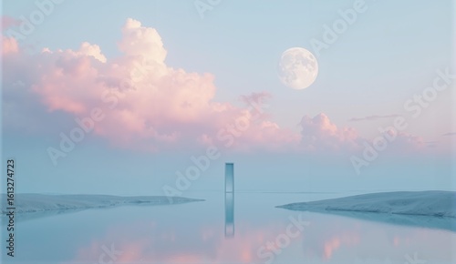 Fototapeta Naklejka Na Ścianę i Meble -  Surreal landscape with calm waters, pastel sky, two moons, and a lone doorway—a liminal space dreamscape., ultra detailed, 8k resolution, HDR, professional
