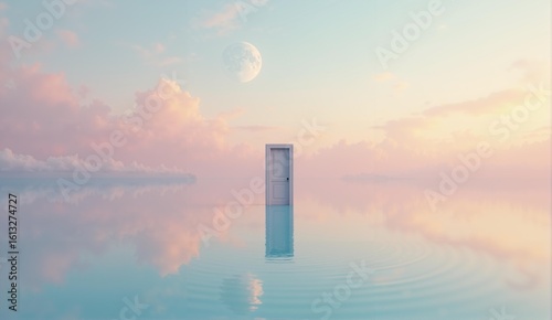 Surreal landscape with calm waters, pastel sky, two moons, and a lone doorway—a liminal space dreamscape., ultra detailed, 8k resolution, HDR, professional