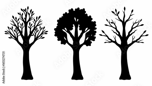 Three stylized trees in black silhouette showing different stages of foliage from full to bare branches 100 char