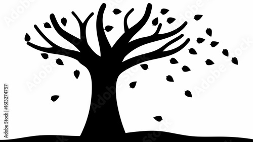 Silhouette of a tree with falling leaves in a windy scene depicted in black and white illustration style