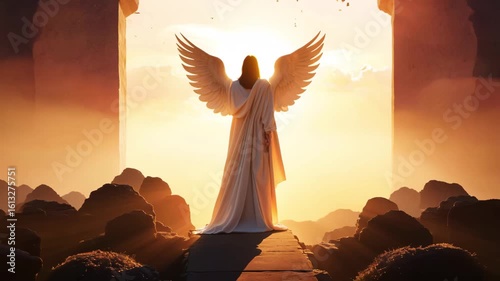 Horizontal video angel standing near arch in rocky landscape under sunlight