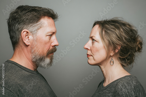 Intense exchange between a middle aged couple amidst a family squabble in a soft-lit studio backdrop