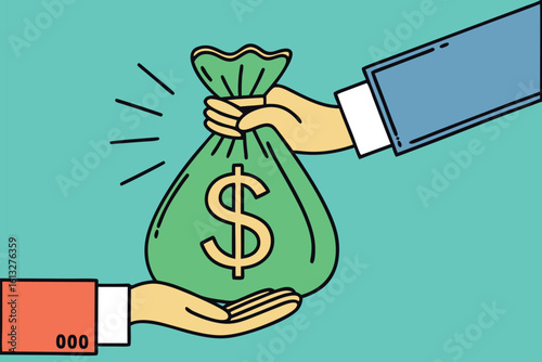 Two cartoon hands exchange a green money bag on a light teal background