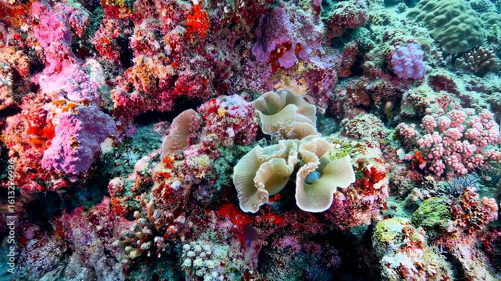 Vibrant underwater scene revealing a diverse and healthy coral reef structure Vibrant underwater scene revealing a diverse and healthy coral reef structure