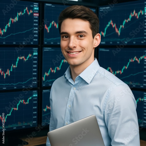 Confident Trader Analyzing Stock Market Trends for Investment Success and Financial Growth. Use for Business, Finance and Technology Marketing Materials.