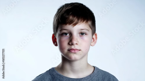 Horizontal video serious emotionless schoolboy in grey t-shirt on white background