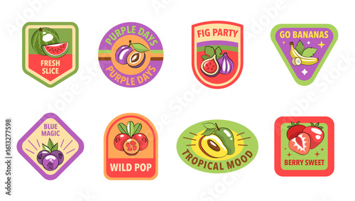 Retro Fruit Stickers with Fun Texts and Icons, Colorful Pop Art Badges for Label Designs