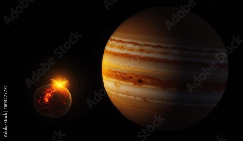 Volcanic eruption on Jupiter’s moon Io, showcasing vibrant yellow & orange sulfur plumes against a backdrop of Jupiter and deep space., ultra detailed, 8k resolution, HDR, professional