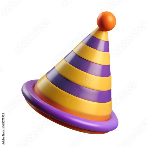 3 D Rendered Purple Yellow Striped Party Hat with Orange Ball Topper birthday celebration