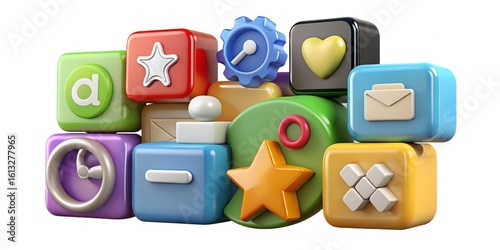 A vibrant collection of 3 D rendered app icons in various shapes and colors 3d rendered digital art