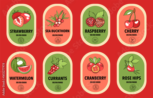 Bright Berry Label Set with Stamps, Fruit Icons, and Logo. Flat Color Illustration Tags