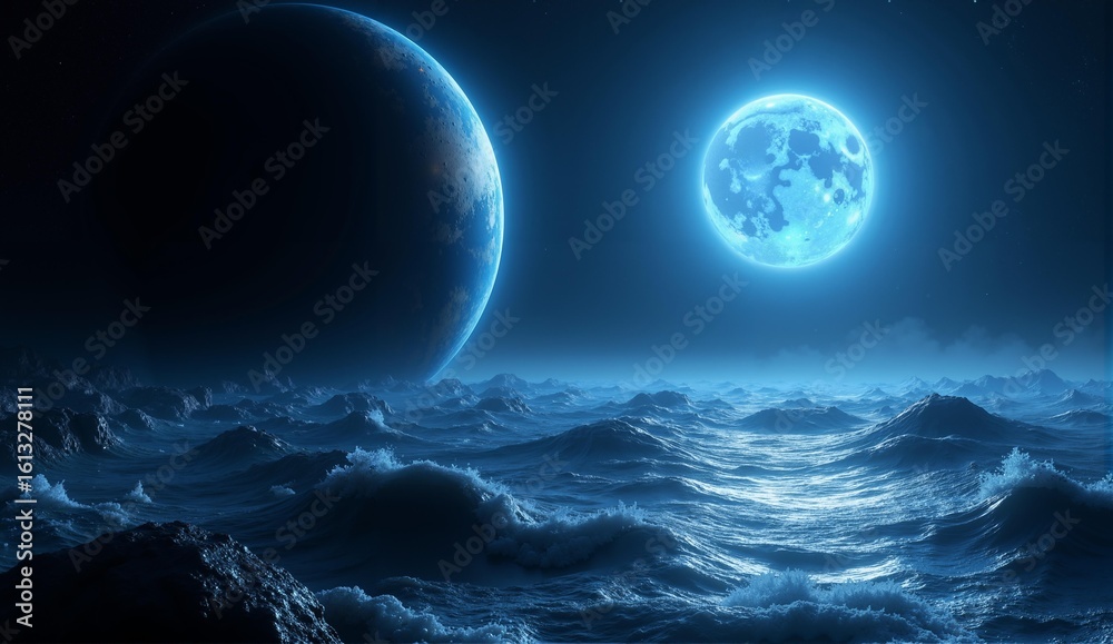 A sci-fi planetary landscape featuring metallic hydrogen oceans reflecting a blue giant star's light and dark crystal continents., ultra detailed, 8k resolution, HDR, professional A sci-fi planetary landscape featuring metallic hydrogen oceans reflecting a blue giant star's light and dark crystal continents., ultra detailed, 8k resolution, HDR, professional