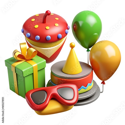 Festive 3 D Rendered Collection of Party Icons With Gift Balloons and Cake birthday celebration