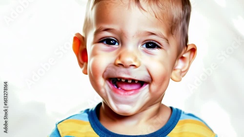 Horizontal video smiling boy in colorful t-shirt on white background, kindergarten