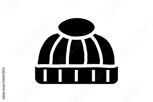 The image is a black and white line drawing of a winter beanie hat. The hat has a rounded shape with vertical ribbing lines and a folded brim at the bottom.
