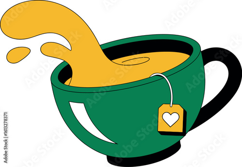 A green teacup with a black handle and a tea bag with a heart on it, spilling yellow tea out of it