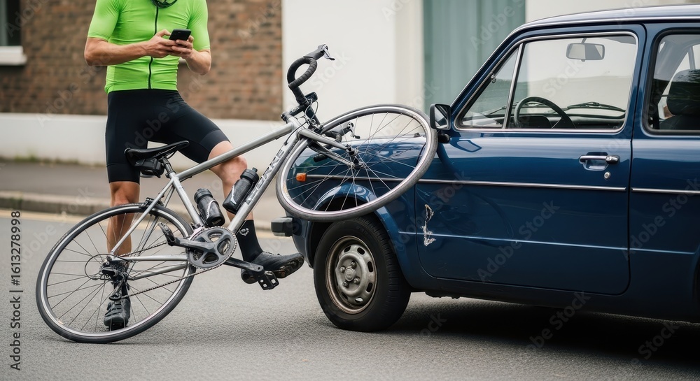 Fototapeta premium Distracted Cyclist Collides with Parked Vehicle on City Street, Causing an Accident