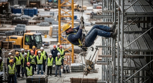 Fototapeta Naklejka Na Ścianę i Meble -  Construction worker demonstrating fall protection safety equipment from scaffolding at a job site