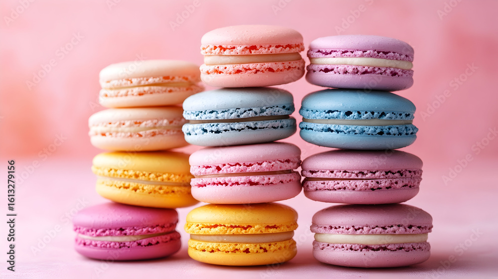 Fototapeta premium Colorful macarons stacked on pink background