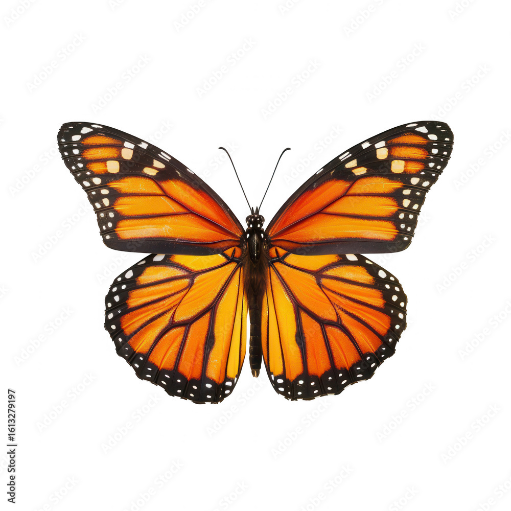 Fototapeta premium Monarch butterfly, vibrant orange wings with black markings, isolated on black background