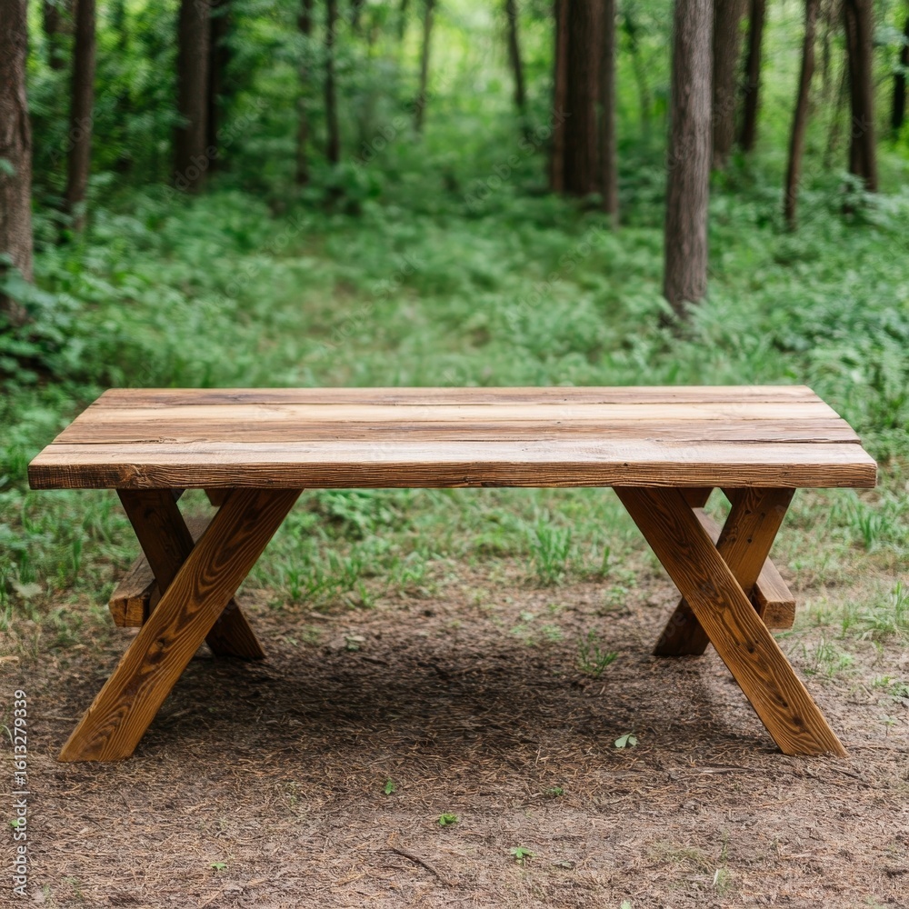 Fototapeta premium Rustic Wood Picnic Table in Forest Clearing, picnic, outdoors