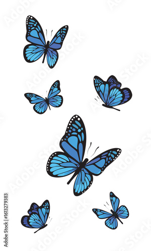 Vibrant blue butterflies fluttering in a group.