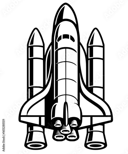  A black illustration of a stylized space shuttle taking off. Represents space exploration, science, technology, and futuristic concepts.